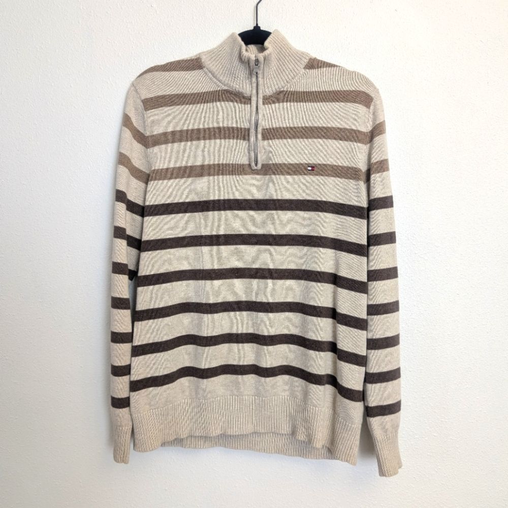 Tommy Hilfiger Half-zip Knit Sweater Pullover Stripe Brown Tan Size Large